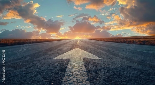 Fototapeta A straight road leading into the distance with an arrow pointing forward on it