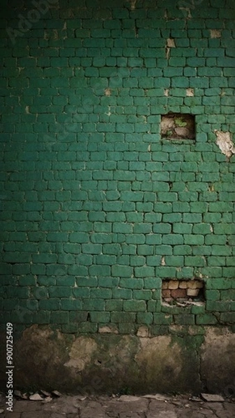 Obraz Weathered green brick wall stands with evident signs of decay, neglect, showcasing pattern of peeling paint, exposed bricks. Walls texture varies from smooth painted areas to rough.