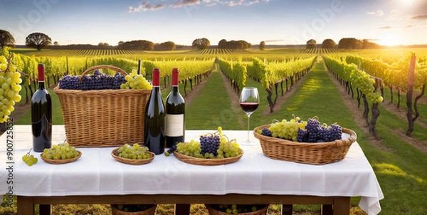Obraz Grapes harvested in a wicker basket and wine bottles on table with vineyard field in the background. Natural organic fruit abundance. Landscapes under bright sunlight. Rich harvest concept. Winery.
