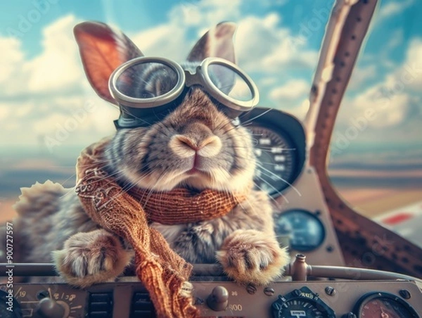 Fototapeta Adventurous bunny pilot ready for takeoff in a vintage airplane cockpit