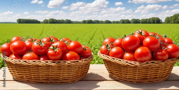 Fototapeta harvested in a wicker basket on table with field in the background. Natural organic fruit and vegetable abundance. Landscapes under bright sunlight. Rich harvest concept.