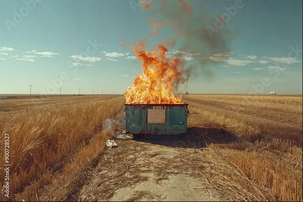 Fototapeta Rural Dumpster Fire in Open Field - Dramatic Imagery of a Blazing Inferno in a Countryside Setting