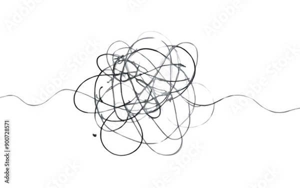 Fototapeta Vector psychotherapy complex chaos mess and order path. Messy drawn sketch purpose simple ball concept scribble. Chaos knot line psychotherapy continuous vector illustration art.