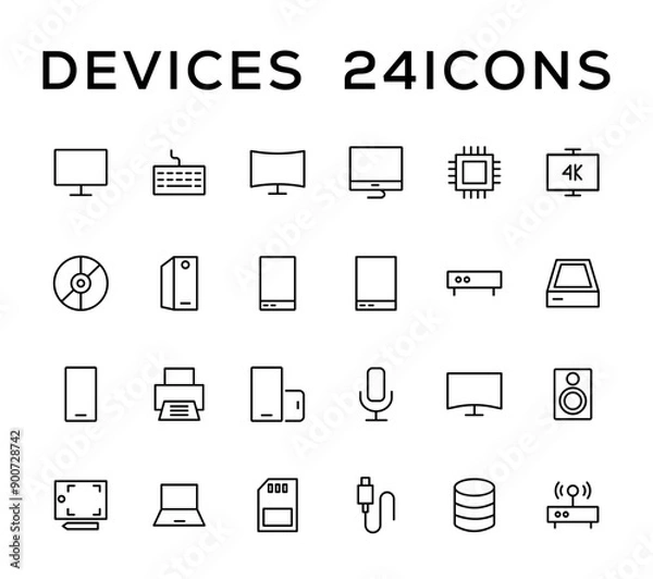 Fototapeta Device and technology line icon set. Electronic devices and gadgets, computer, equipment and electronics. Computer monitor, smartphone, tablet and laptop simple icon collections