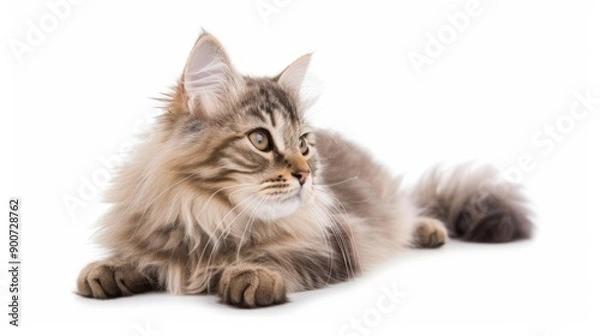 Fototapeta Cat sitting or lying down, isolated on a white background