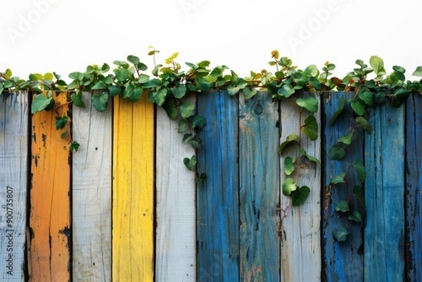 Fototapeta Rustic wooden fence with colorful planks and green vines, creating a vibrant and textured backdrop with a mix of natural and artistic elements.
