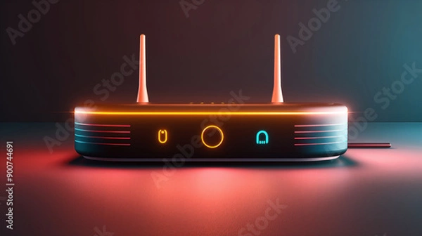 Fototapeta Modern wireless router with two antennas and illuminated LED indicators, featuring a sleek design and vibrant red and blue lighting effects.