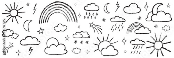 Fototapeta Chalk kid cloud weather symbols set. Vector stock illustration isolated on white background for design template travel blog, meteorology forecast. Kit textural crayon hand drawing symbols.