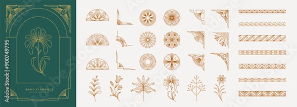 Obraz Frame constructor of boho geometric design elements. Simple corner, wreath and seamless borders for book covers print, social media and packaging or wedding greeting card. Vector illustration