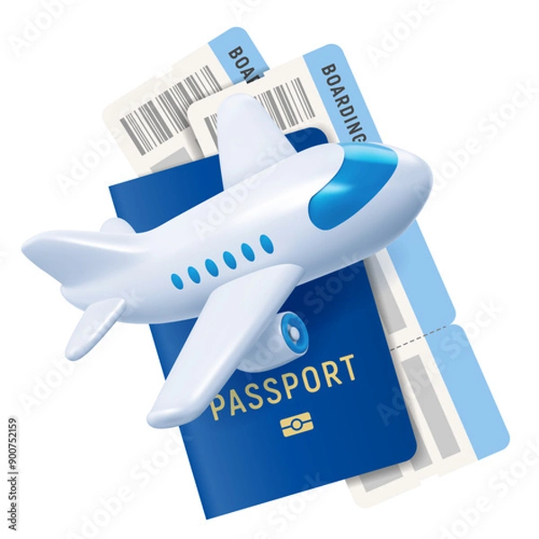 Obraz Passport with air tickets, cute 3d realistic plane flies around. Concept of travel, vacation or business trip. Vector illustration