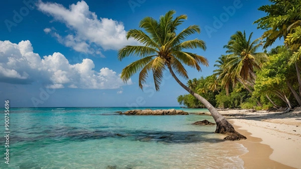 Fototapeta Scenic beach with turquoise water, palm trees, rocks, and clear blue sky on a sunny day, tropical paradise.