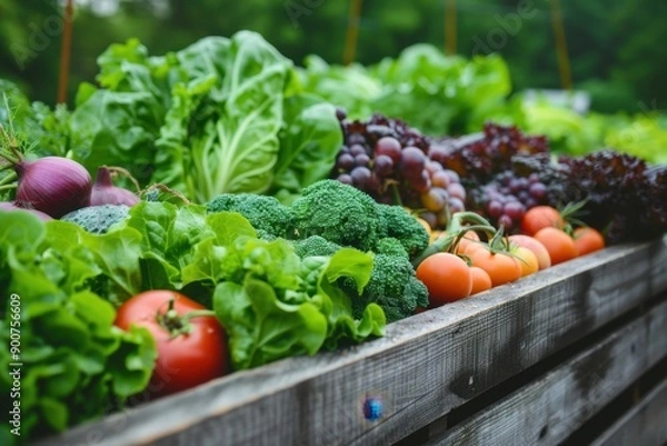 Fototapeta A vegetable garden with various fresh vegetables, highlighting the importance of eating fresh produce for weight management