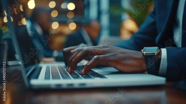 Fototapeta A close up of a person typing on their laptop computer. AI.