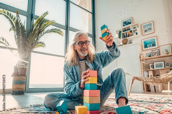 Obraz Older man playing with colour blocks in a bright living room. Bringing out your inner child.