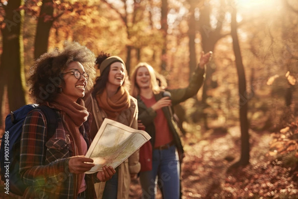 Obraz A group of diverse friends hiking in an autumn forest.