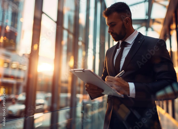 Obraz Businessman writing in a notebook in a modern place at sunset.