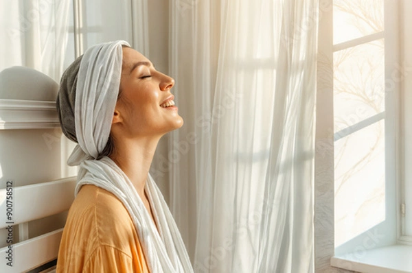 Obraz Woman enjoying the sunlight near a window with white curtains.