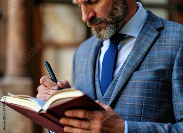 Obraz Older businessman writing in a notebook with a pen. Close up.