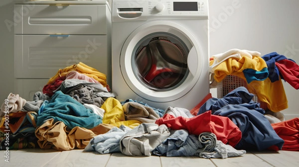 Obraz Pile of laundry in front of a washing machine in the laundry room.