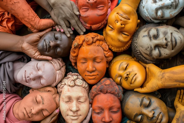 Obraz Faces painted in different colours together, symbolising diversity and inclusion.