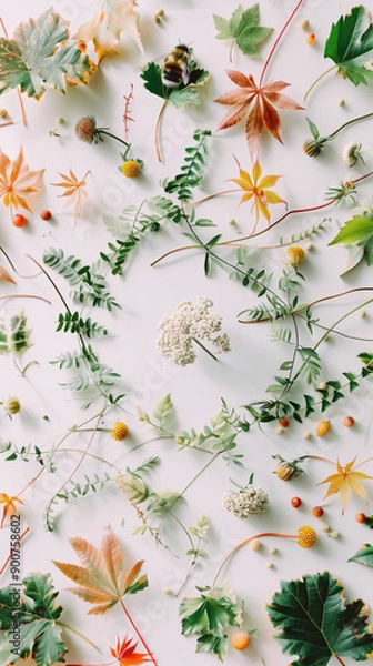Obraz Leaves and flowers scattered on a white background