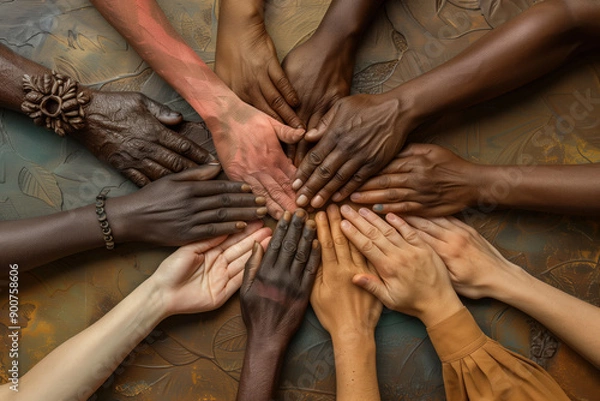 Obraz Hands of different skin tones joined together in a circle