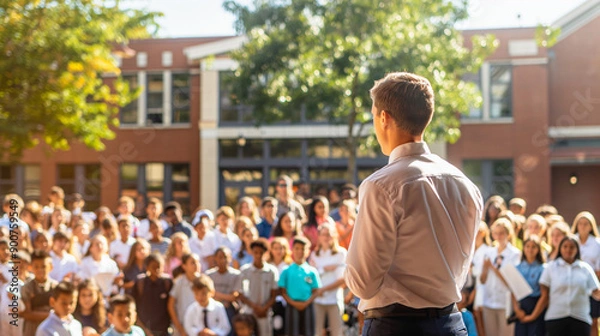 Fototapeta Principal making an announcement in front of the school