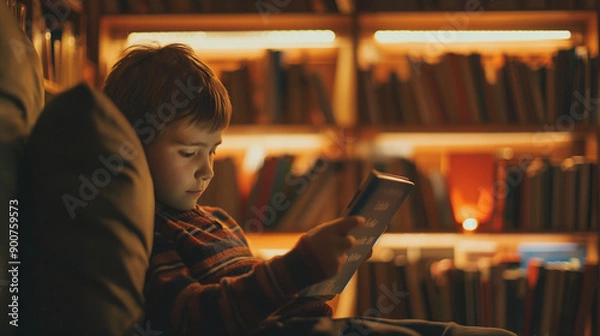 Obraz Boy reading in a cozy library corner