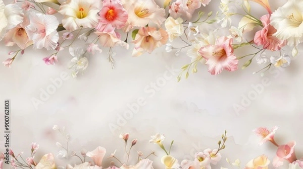 Fototapeta A white background with a pink and white flower arrangement. The flowers are arranged in a way that they are overlapping each other, creating a sense of depth and dimension. Scene is one of beauty
