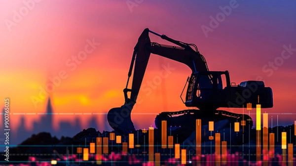 Fototapeta A stock market graph with an excavator working on a construction site, representing the growth & of heavy equipment industries and construction.