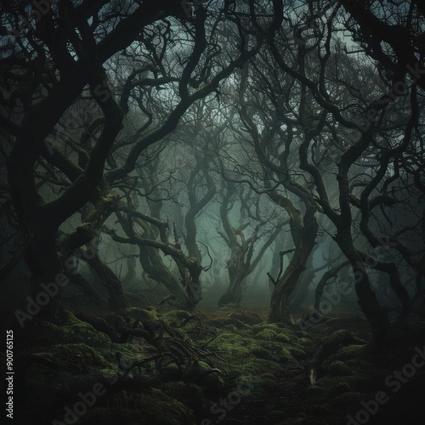 Fototapeta Mysterious forest with twisted branches glowing with green light creating a spooky halloween scene