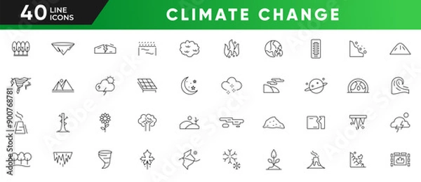 Fototapeta Climate change line icon set. Global warming, greenhouse, catastrophe, cataclysm, eco product, clean energy, renewable energy, recycling, reusable, and recycling outline icon collection. Ui thin icons