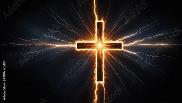 Fototapeta A radiant cross illuminated by bright lightning against a dark background