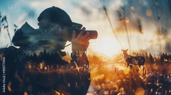 Obraz A silhouette of a photographer taking a picture of a deer in a field during sunset, blending the beauty of nature and photography