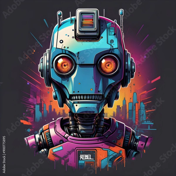 Fototapeta Robot print for clothes and fabric. Bright beautiful illustration of a robot in urban style. Futuristic style. Generative AI
