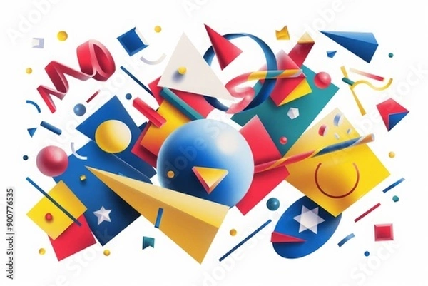 Fototapeta Memphis style.  Dynamic abstract composition of 3D geometric shapes in vibrant colors. Artistic illustration with spheres, triangles, and rectangles. Art and design concept. Generative AI