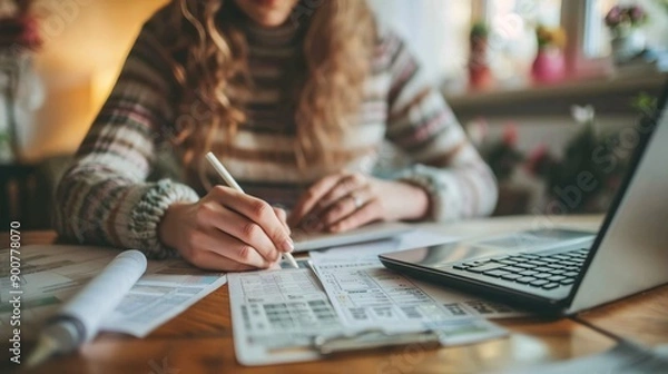 Obraz Woman applying for a loan to consolidate debt in modern bank office