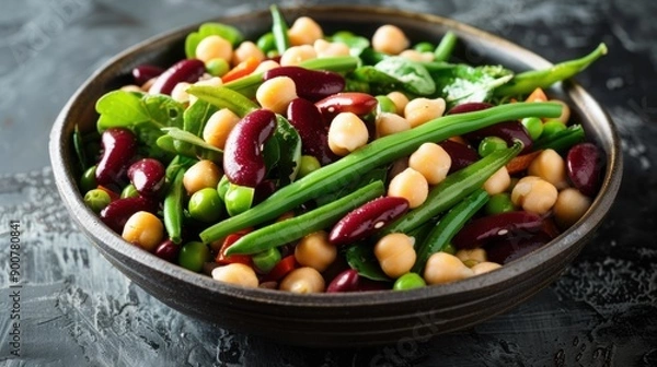 Fototapeta Classic three bean salad with green beans, kidney beans, and chickpeas, dressed in a tangy vinaigrette