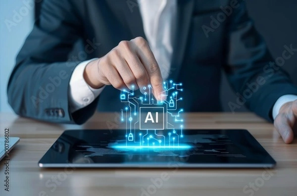 Fototapeta Businessman touching a digital icon of artificial intelligence with his hand on a desk