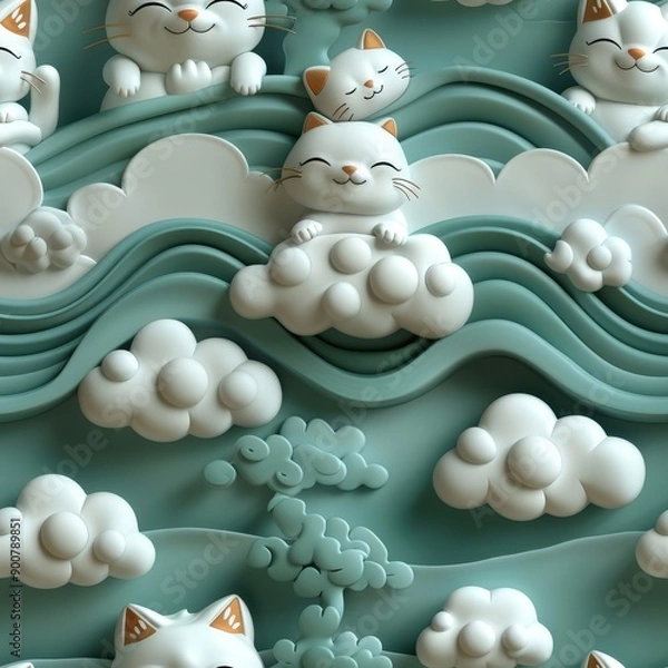 Obraz Cute 3D cat clouds - seamless pattern with a muted green and white colors