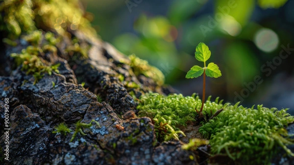 Fototapeta Sprout Emerging from Mossy Tree Bark. For environmental campaigns, botanical studies, and inspirational projects.