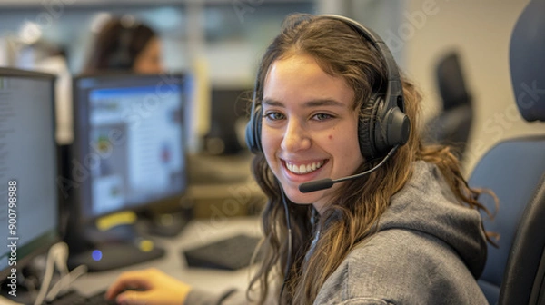 Obraz Young Woman Engaged in Customer Support at a Modern Call Center During Daytime Work Hours