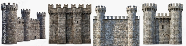 Fototapeta set of detailed medieval castle wall with crenellations, Intricate Medieval Castle Wall, Detailed Stone Wall of a Medieval Fortress, a Medieval Castle, on a transparent backgrounds