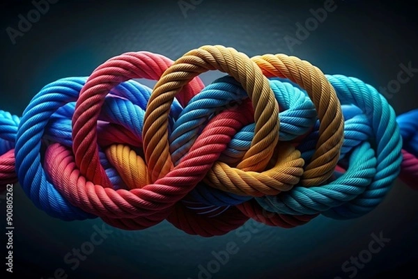 Fototapeta Team rope diverse strength connect partnership together teamwork unity communicate support. Strong diverse network rope team concept integrate braid color background cooperation empower power.