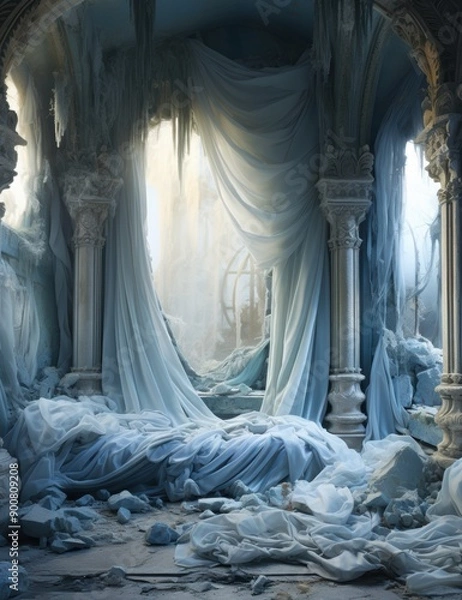 Fototapeta Dreamy bedroom scene with flowing blue curtains framing a misty cityscape view, featuring a unmade bed in the foreground. 