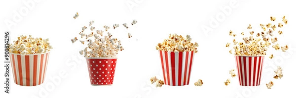 Fototapeta Set of Popcorn in a bucket side view Isolated on a transparent background