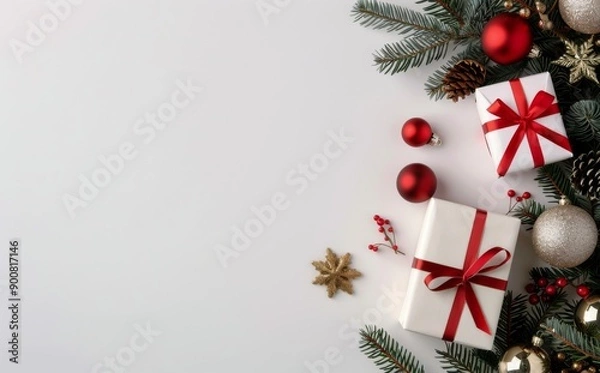 Obraz Christmas Ornaments and Gifts on Grey Background