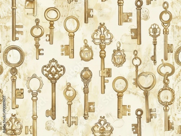 Fototapeta Antique keys on a distressed parchment background providing an old world charm and nostalgic feel