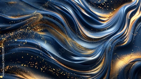 Fototapeta Graceful, flowing dark waves embellished with sparkling golden glitter and highlights, creating a stunning visual of continuous motion and elegance in an abstract theme.