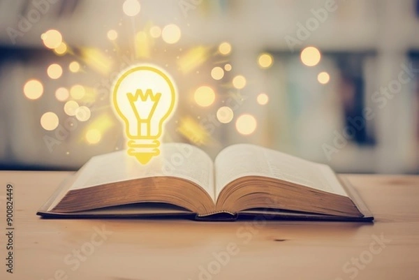 Fototapeta 閃きをイメージした開いた本と電球の写真（知識・知恵・ひらめき・アイデア・児童教育・イノベーション・テクノロジー）